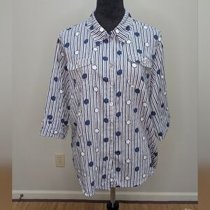 Alfred Dunner 3/4 Sleeve Navy Blue Striped Patterned Large Blouse